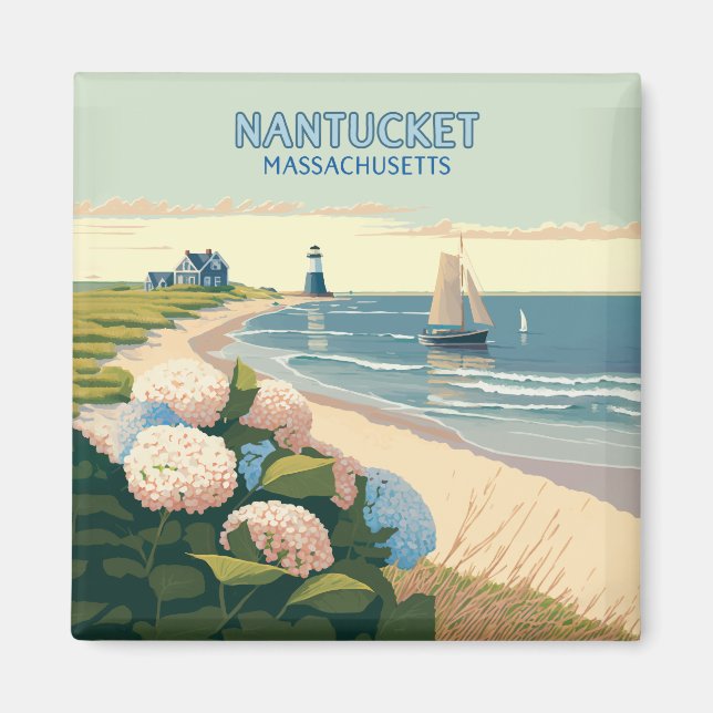 Nantucket Beach Hydrangeas Lighthouse Boat Retro Magnet (Framsidan)