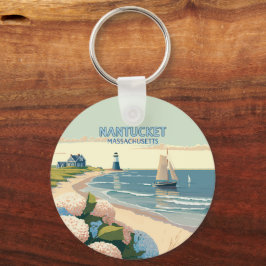 Nantucket Beach Hydrangeas Lighthouse Boat Retro Nyckelring