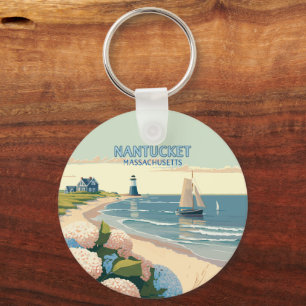 Nantucket Beach Hydrangeas Lighthouse Boat Retro Nyckelring