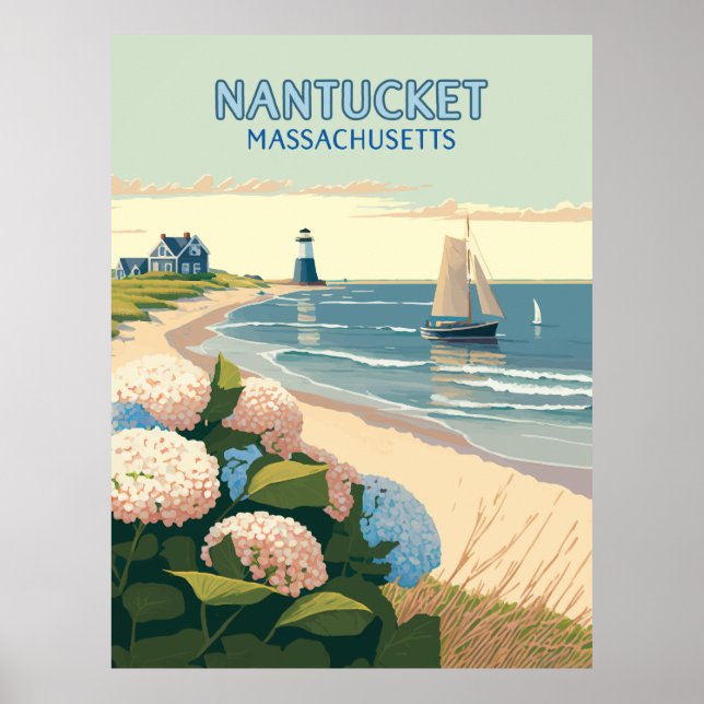 Nantucket Beach Hydrangeas Lighthouse Boat Retro Poster (Framsidan)