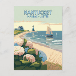 Nantucket Beach Hydrangeas Lighthouse Boat Retro Vykort