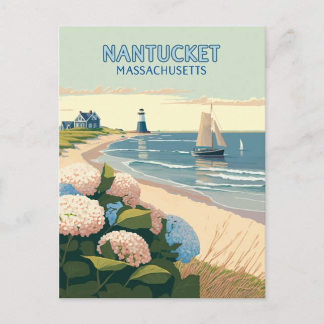 Nantucket Beach Hydrangeas Lighthouse Boat Retro Vykort (Framsida)