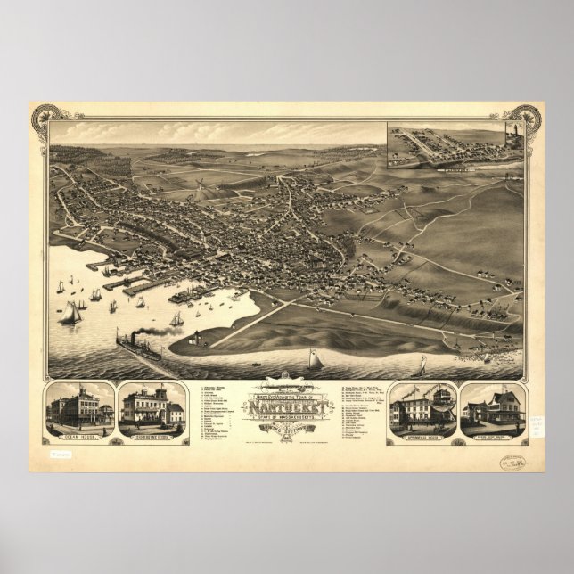 Nantucket Beach Mass. 1881 Antique Panoramic Karta Poster (Framsidan)