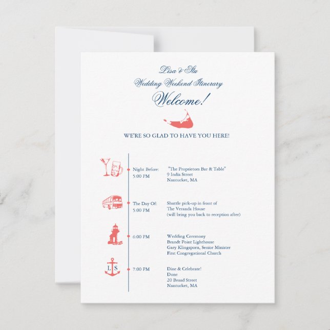 Nantucket Bröllagsmottagnings Itinerary Tidslinje (Framsida)