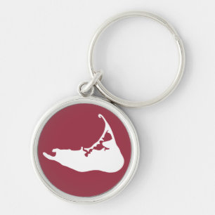 Nantucket Island Karta Keychain in White & Cranber Rund Silverfärgad Nyckelring