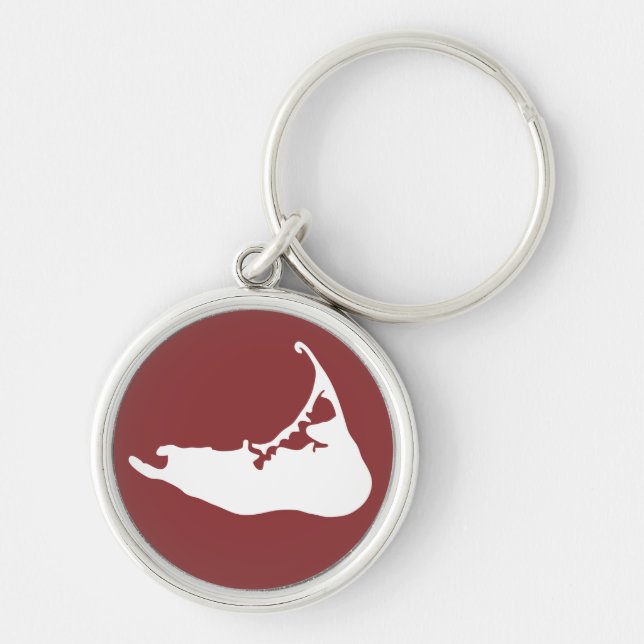 Nantucket Island Karta Keychain in White & Red Rund Silverfärgad Nyckelring (Framsidan)