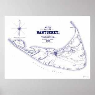 Nantucket Island MORSA Vintage Karta marinblått Poster