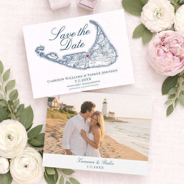 Nantucket Karta Elegant Marinblå Bröllop Spara Datumet (Nantucket Map Save the Date for a White Elephant Wedding in elegant navy blue by Coastal Map Designs)