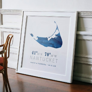 Nantucket Karta samordnar havets blå vattenfärg Poster