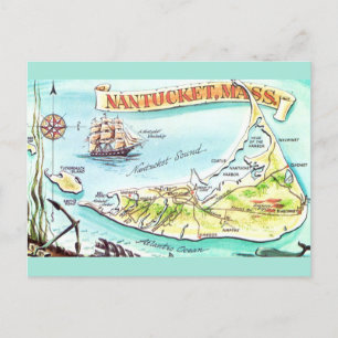 Nantucket MA Illustrerad kartaffisch Vykort