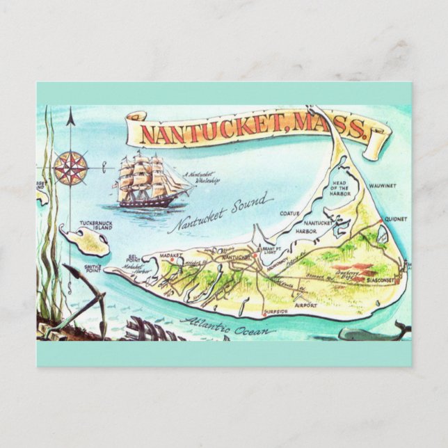 Nantucket MA Illustrerad kartaffisch Vykort (Framsida)
