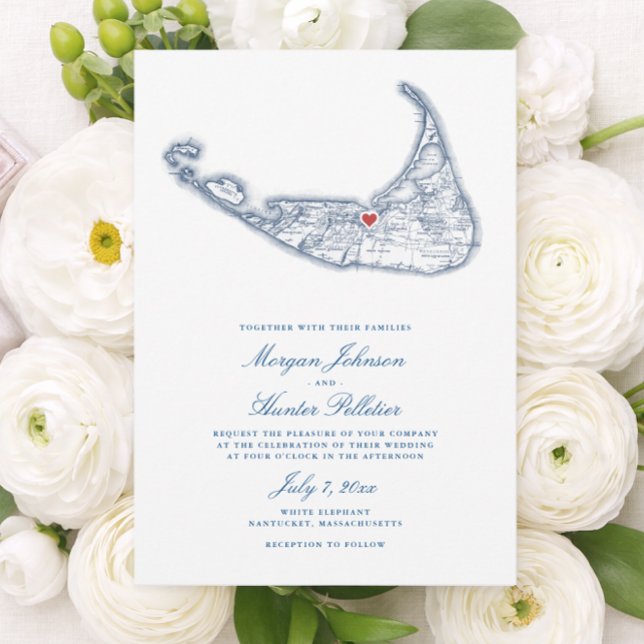 Nantucket MA Karta Elegant Navyblå Bröllop Inbjudningar (Nantucket Wedding Invitation for a White Elephant Wedding in elegant navy blue by Coastal Map Design)