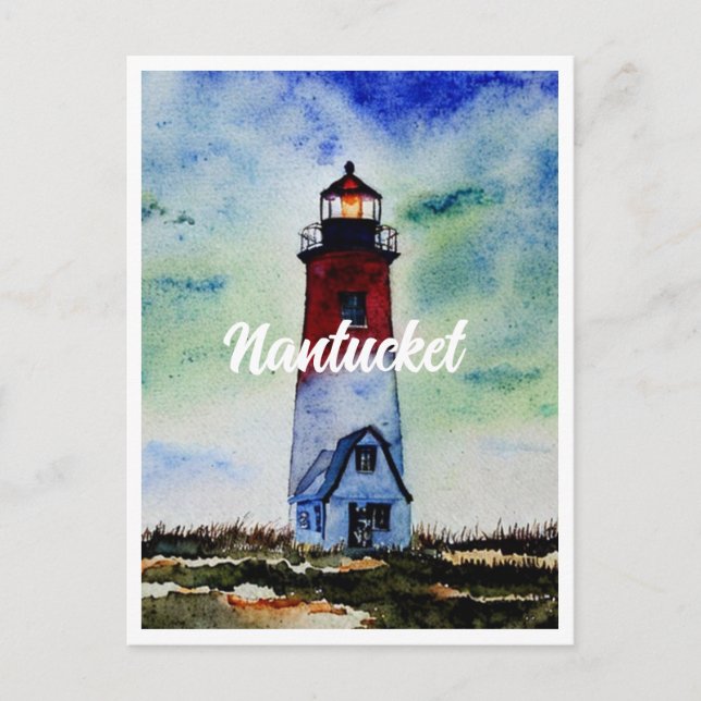 Nantucket Massachusetts fyr Watercolor Helg Vykort (Framsida)