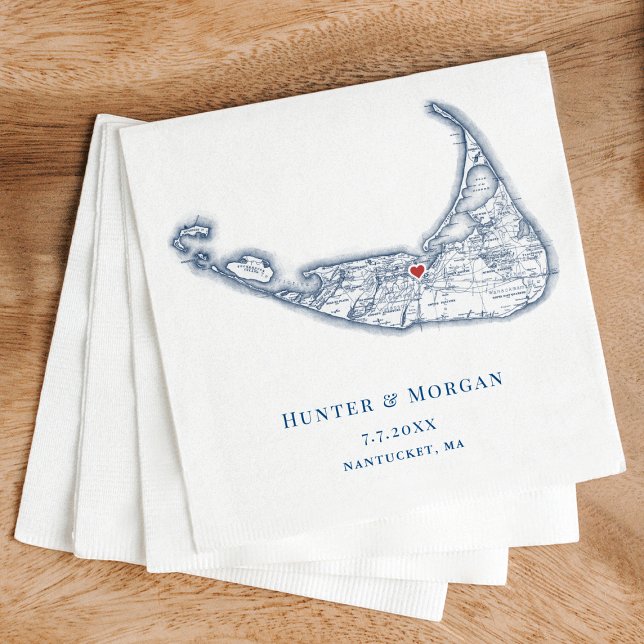 Nantucket MORSA Karta Elegant Navy Blue Bröllop Pappersservett (Nantucket MA Map Wedding Cocktail Napkins in Elegant Navy Blue from Coastal Map Designs)