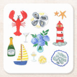 Nantucket/New England-Thned Underlägg Papper Kvadrat<br><div class="desc">Lägg till en stänk av kustkarm i bord med dessa Nantucket-inspirerade pappra underlägg, perfekt för skaldjursmålare, hummerbaker eller klambake firande. Dessa underlägg är en roligt och en funktionell detalj för alla New England-stil-sammankomster och har klara vattenfärgsillustrationer av hummer, ostron, steamer och klassiska kustcocktails. Underbar för strandhus, party på bakgården eller...</div>