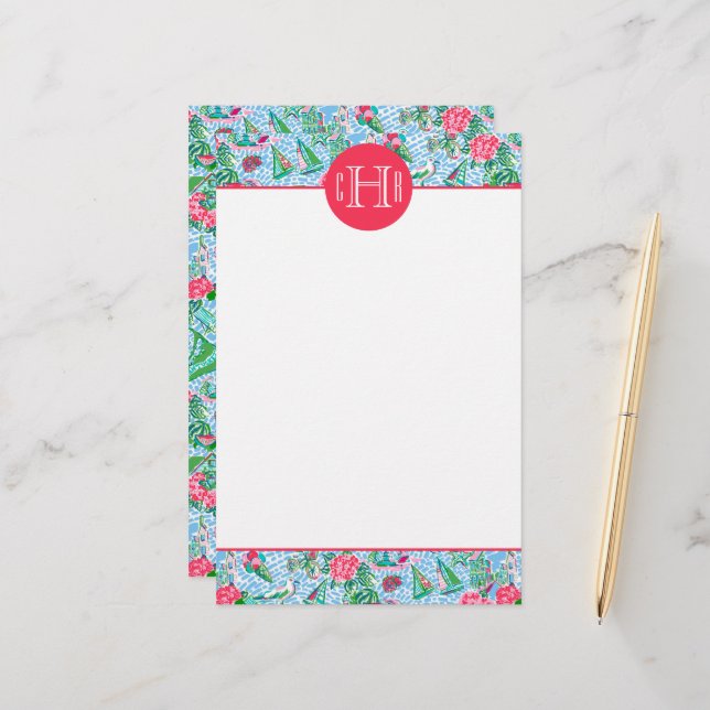 Nantucket Preppy Handflatan Beach Mönster Monogram Brevpapper (Fram/Back In Situ)