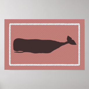 Nantucket Whale Nautical Poster i Faded Coral Red