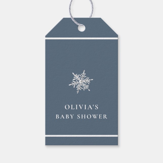Nany Blue Modern Snowflake Baby Shower Presentetikett (Framsidan)