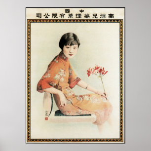 Nanyang Woman med blommor Gamla kinesiska Poster