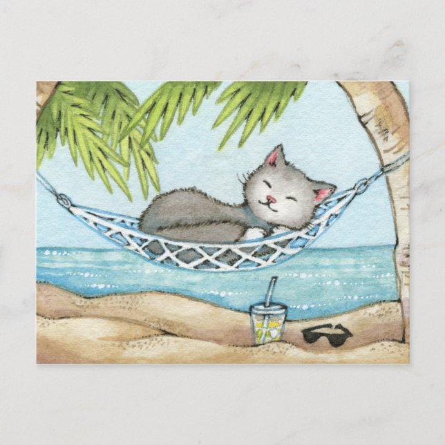 Nap i Paradise - Cute Island Vacation Cat Art Vykort (Framsida)