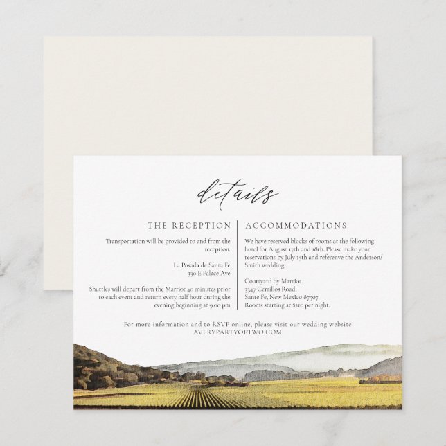 NAPA Watercolor Skyline Travel Information Card Inbjudningar (Fram/baksida)