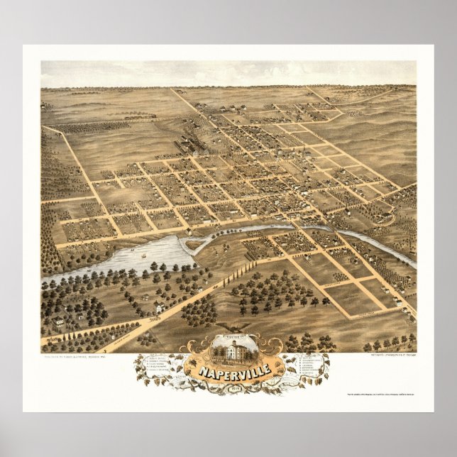 Naperville, IL Panoramic Karta - 1869 Poster (Framsidan)