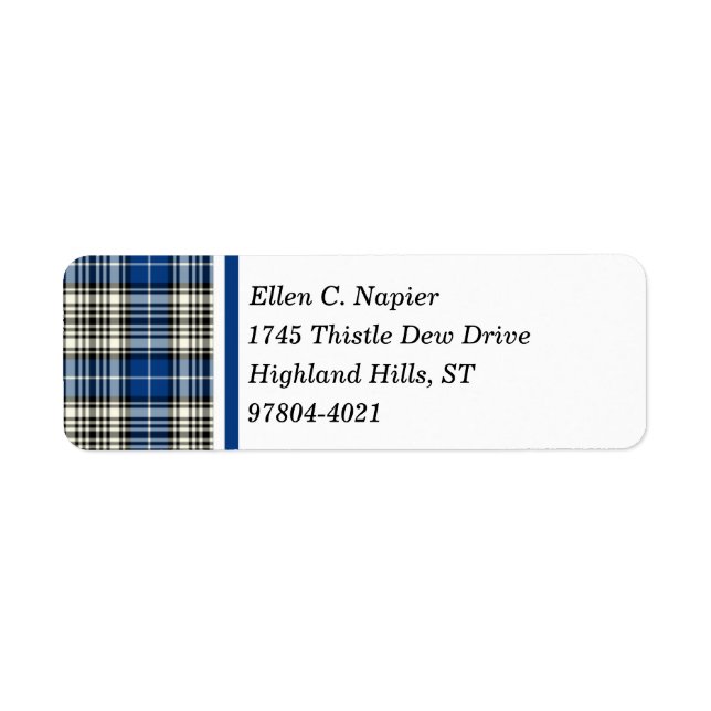 Napier Klan Blue, Black and White Scottish Tartan Returadress Etikett (Framsidan)