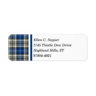 Napier klanblått, svartvit skotsk Tartan Returadress Etikett