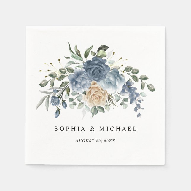 Napkin, Elegant Dusty Blue Floral Wedding Pappersservett (Framsidan)