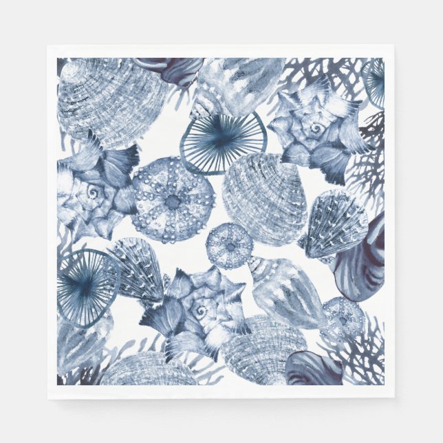 Napkins Blue and White Seashells Coastal Design Pappersservett (Framsidan)