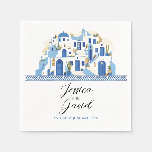 Napkins Bröllop Namn Santorini Greece Blue White Pappersservett (Framsidan)