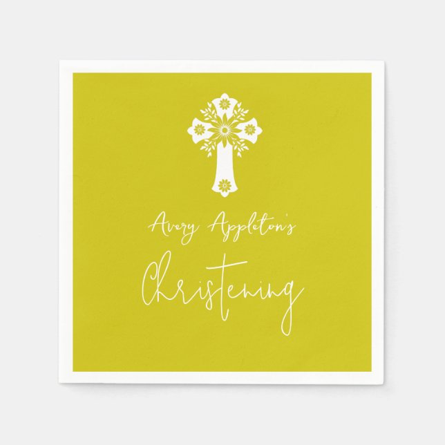 Napkins Floral Cross Christening Yellow Pappersservett (Framsidan)