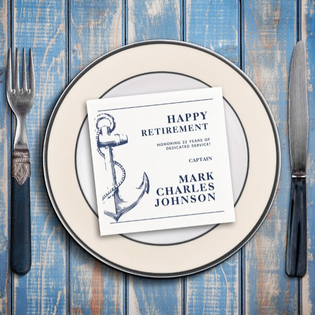 Napkins i Pension Pappersservett (Retirement for a Navy Service member should be celebrated with these anchor navy blue napkins.)