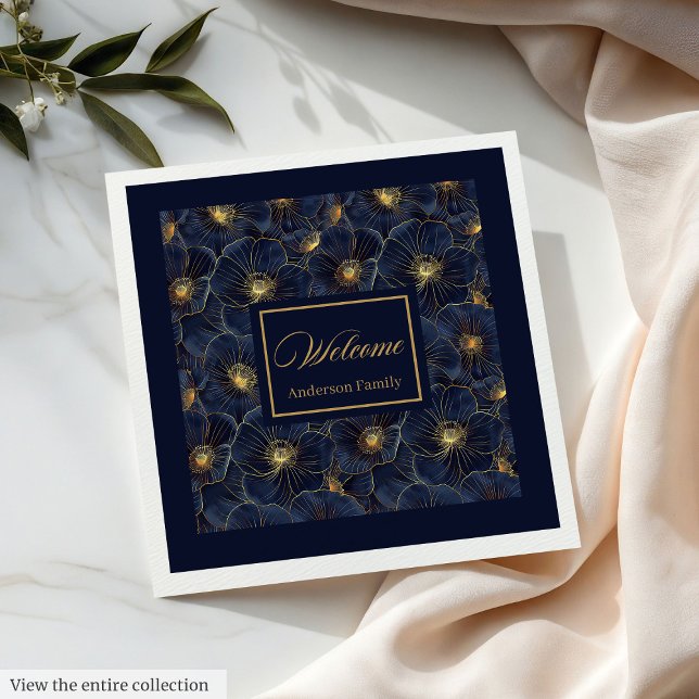 Napkins Modern Monogram Stil Guld Pappersservett (Navy Gold Flower Napkins Modern Monogram Style)