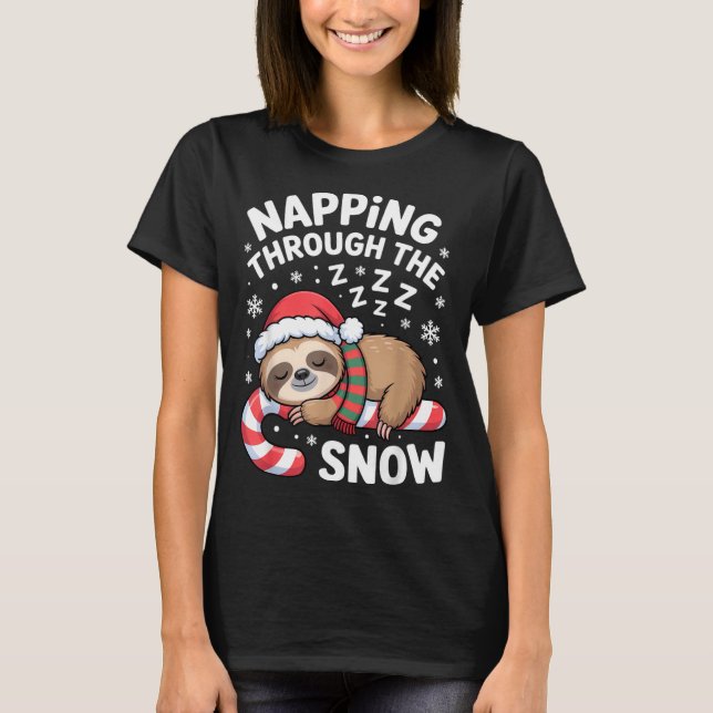 Napng Through The Snow Funny Sloth Candy Cane Xmas T Shirt (Framsida)