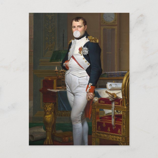 Napoleon Bonaparte blåser en vit bubbelgum Vykort (Framsida)