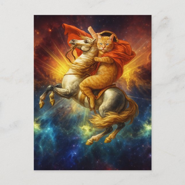 Napoleon Katt Ridande Häst Genom Galaxen           Vykort (Framsida)