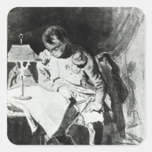 Napoleon som studerar hans kartor vid lamplight, fyrkantigt klistermärke