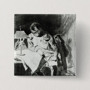 Napoleon som studerar hans kartor vid lamplight, knapp