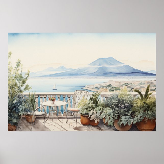 Napoli Serenity: Digital Watercolor Art Prints Poster (Framsidan)