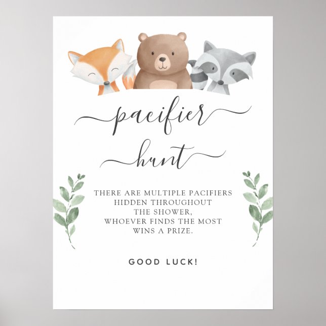 Nappar Hunt Baby Shower Game Woodland Animals Poster (Framsidan)