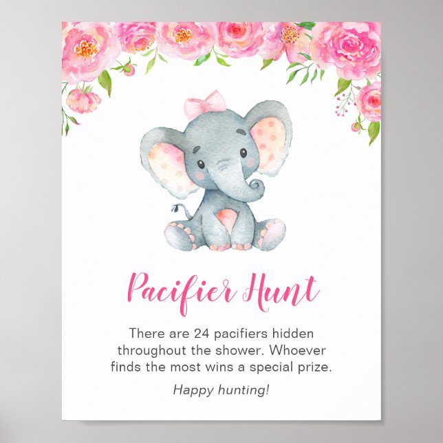 Nappar Hunt Game Sign Elephant Baby Shower Girl Poster (Framsidan)