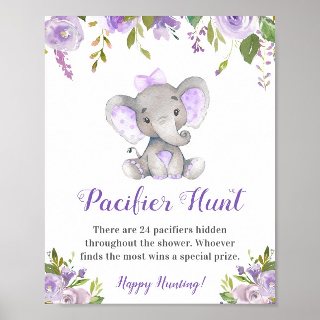 Nappar Hunt Lavender Girl Elephant Baby Shower Poster (Framsidan)