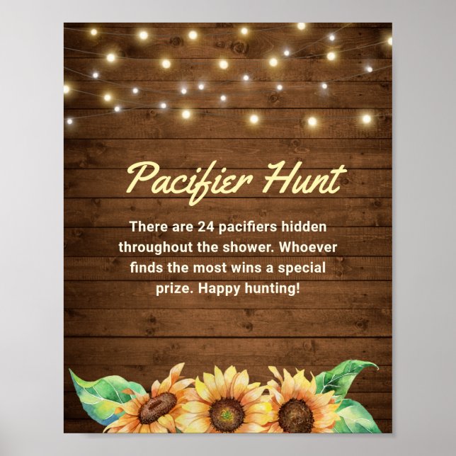 Nappar Hunt Rustic Solros Gult Baby Shower Poster (Framsidan)