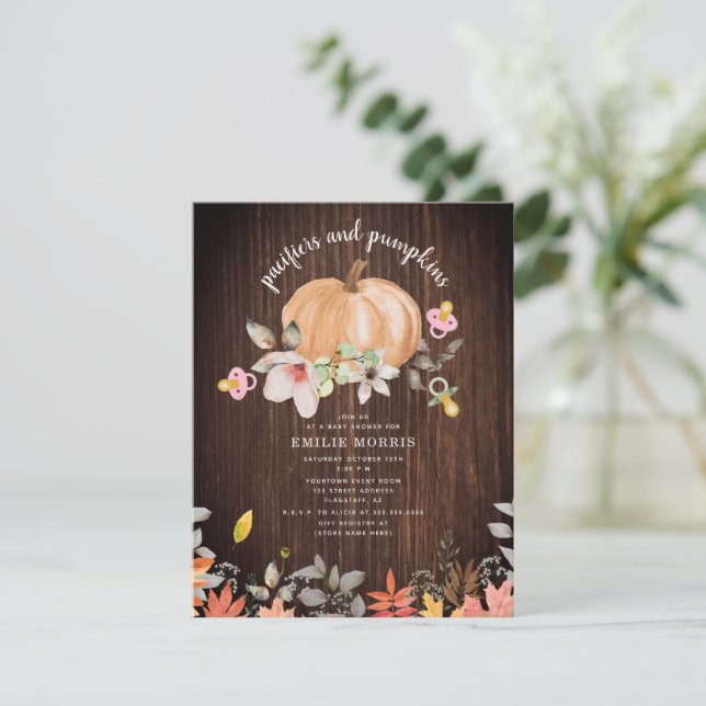 Nappar + Pumpkins Fall Wood Girl Baby Shower Inbjudningar (Stående Fram)