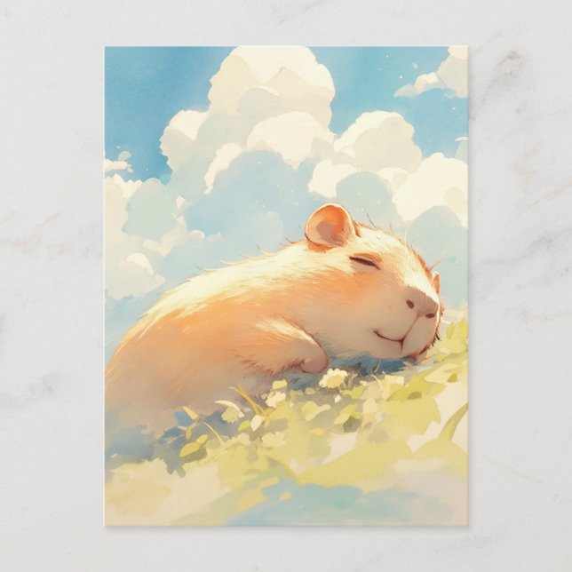 Napping Capybara in Sunny Green Meadow with Clouds Vykort (Framsida)
