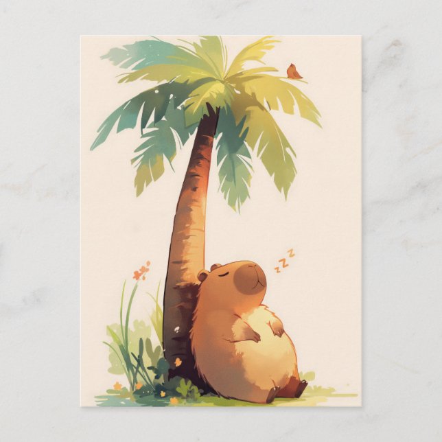 Napping Capybara Under Tropical Palm Tree Vykort (Framsida)