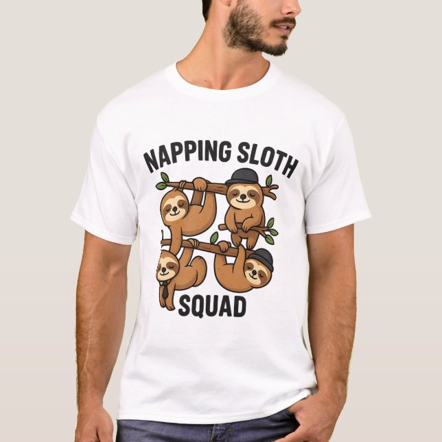 Napping Sloth Squad T-Shirt - Animal Sleep Gang  (Framsida)