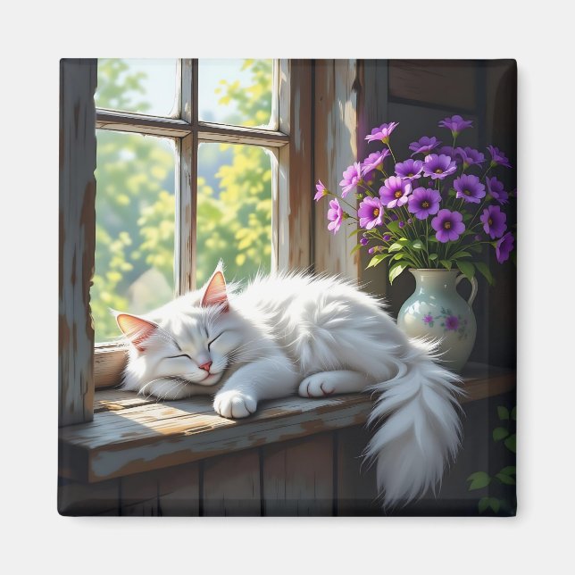 Napping White Cat and Purple Flowers  Magnet (Framsidan)