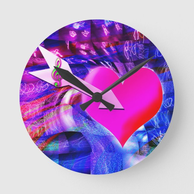 När musikpil riktade in sig på hjärtat rund klocka (Framsida)